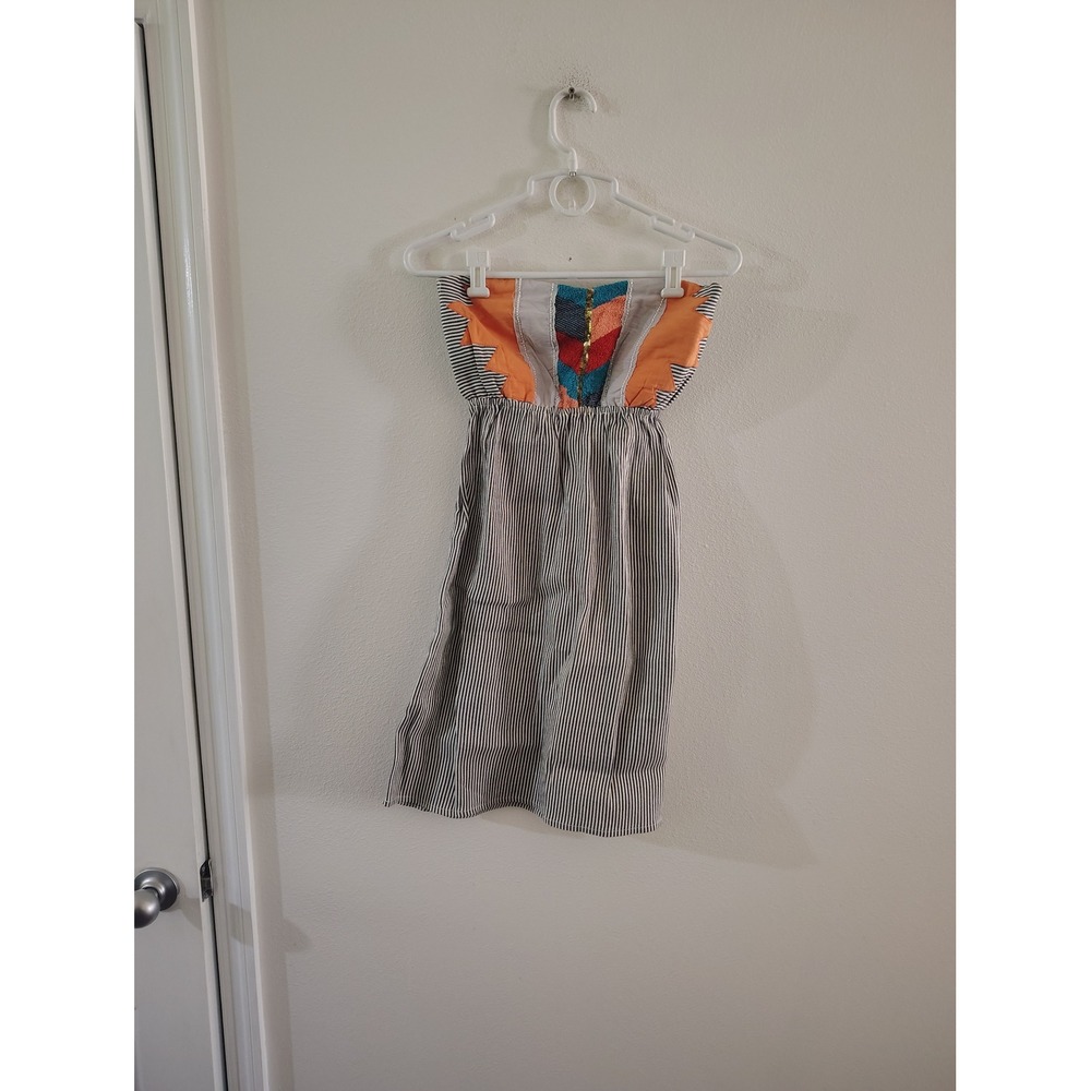 Boho Strapless Mini Dress Mixed Media Embroidered Pinstripe Smocked Back Womens